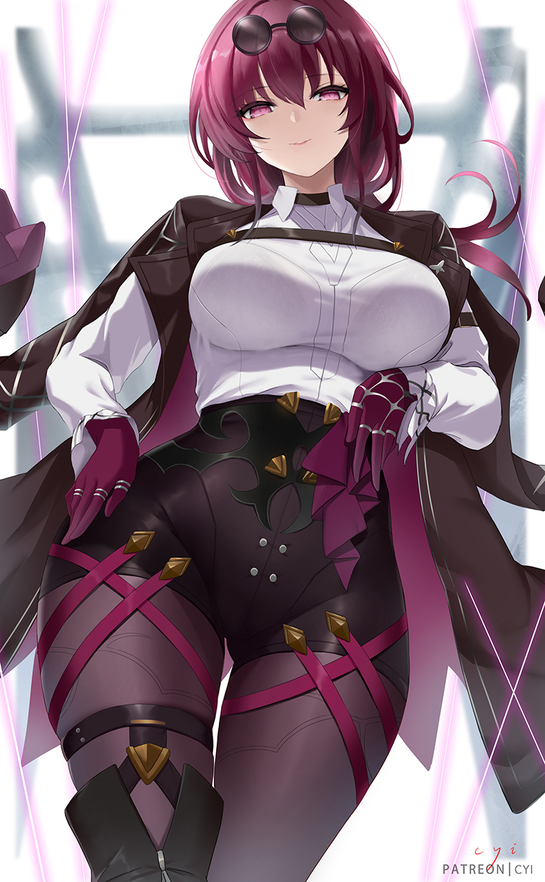 1girl black_jacket black_shorts breasts commentary_request cowboy_shot cyicheng eyewear_on_head gloves highres honkai:_star_rail honkai_(series) jacket kafka_(honkai:_star_rail) large_breasts long_hair long_sleeves open_clothes open_jacket pantyhose_under_shorts purple_eyes purple_gloves purple_hair shirt short_shorts shorts solo standing sunglasses thighs white_shirt