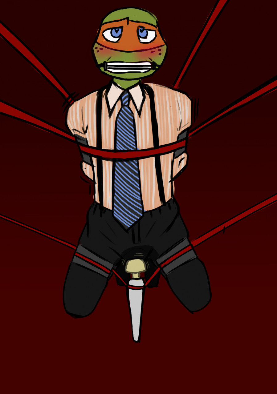 anthro arms_tied bdsm bit_gag blush bondage bound captured clothed clothing dress_shirt enslaved eye_roll formal_clothing formal_wear gag gagged genitals hands_tied hi_res humiliation kidnapping kneeling legs_tied looking_pleasured male male/male michelangelo_(tmnt) necktie nickelodeon penile penis reptile restraints scalie sex sex_toy shirt simple simple_background slave slavor solo suit suit_pants suspenders teenage_mutant_ninja_turtles topwear turtle vibrator vibrator_on_penis wand_vibrator