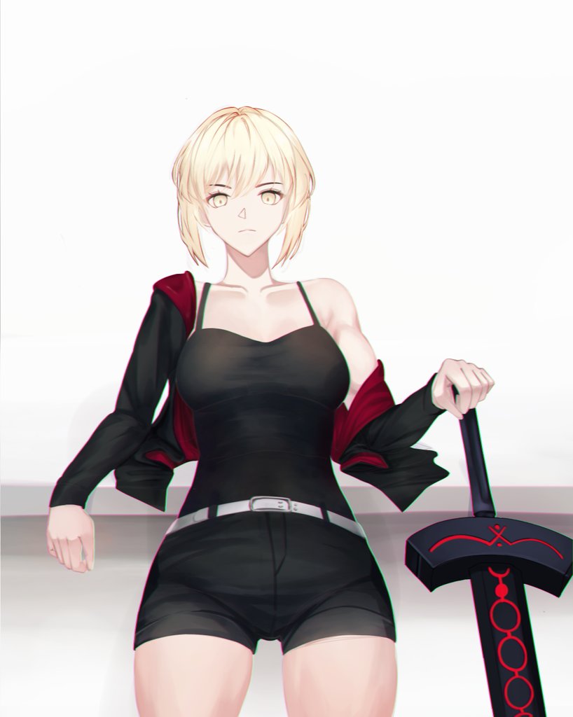 1girl artoria_pendragon_(fate) belt black_jacket black_shorts black_tank_top blonde_hair breasts closed_mouth collarbone fate/grand_order fate_(series) holding holding_sword holding_weapon jacket jacket_partially_removed leaning_on_object lilyaholmes long_sleeves looking_at_viewer medium_breasts saber_alter short_hair shorts simple_background single_bare_shoulder solo sword tank_top weapon white_background yellow_eyes