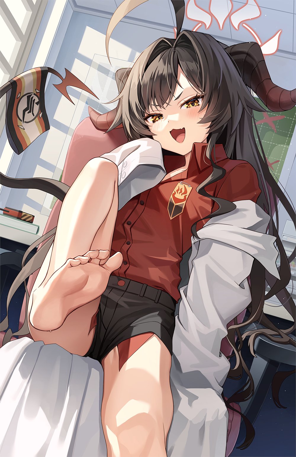 1girl black_hair black_horns blue_archive collared_shirt demon_horns fang hair_intakes halo highres horns kasumi_(blue_archive) looking_at_viewer open_mouth parted_bangs pine_(angel4195202) red_halo red_shirt shirt skin_fang smile solo v-shaped_eyebrows yellow_eyes