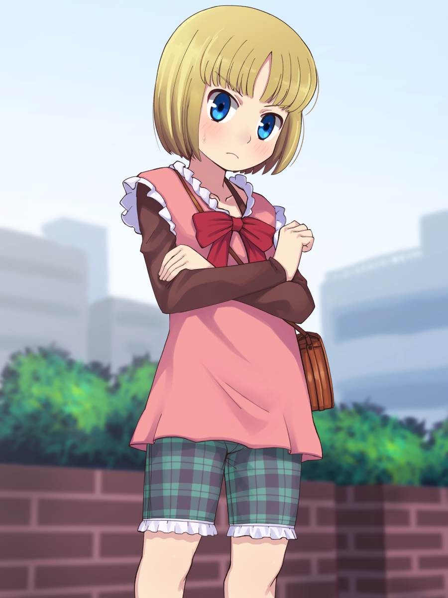1girl bag binbou_shimai_monogatari blonde_hair blue_eyes blurry blurry_background blush bob_cut bow closed_mouth collarbone commentary_request commission cowboy_shot crossed_arms dress dress_bow echigoya_ginko flat_chest frilled_dress frilled_shorts frills frown green_shorts highres long_sleeves looking_at_viewer microdress outdoors parted_bangs pink_dress plaid plaid_shorts red_bow short_hair shorts shoulder_bag skeb_commission sleeveless sleeveless_dress solo standing stupa13a sweatdrop