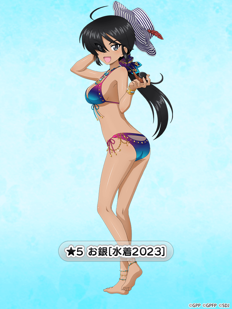 1girl ahoge anklet ass barefoot belly_chain bikini black_eyes black_hair black_headwear blue_background blue_bikini bracelet breasts character_name commentary_request dark-skinned_female dark_skin flower from_side front-tie_bikini_top front-tie_top girls_und_panzer girls_und_panzer_senshadou_daisakusen! hair_over_one_eye hair_ribbon hand_in_own_hair hat hat_flower holding holding_smoking_pipe jewelry kneepits long_hair looking_at_viewer low_ponytail medium_breasts necklace official_alternate_costume official_art ogin_(girls_und_panzer) open_mouth ribbon side-tie_bikini_bottom smile smoking_pipe solo standing standing_on_one_leg star_(symbol) striped striped_headwear swimsuit translated watermark