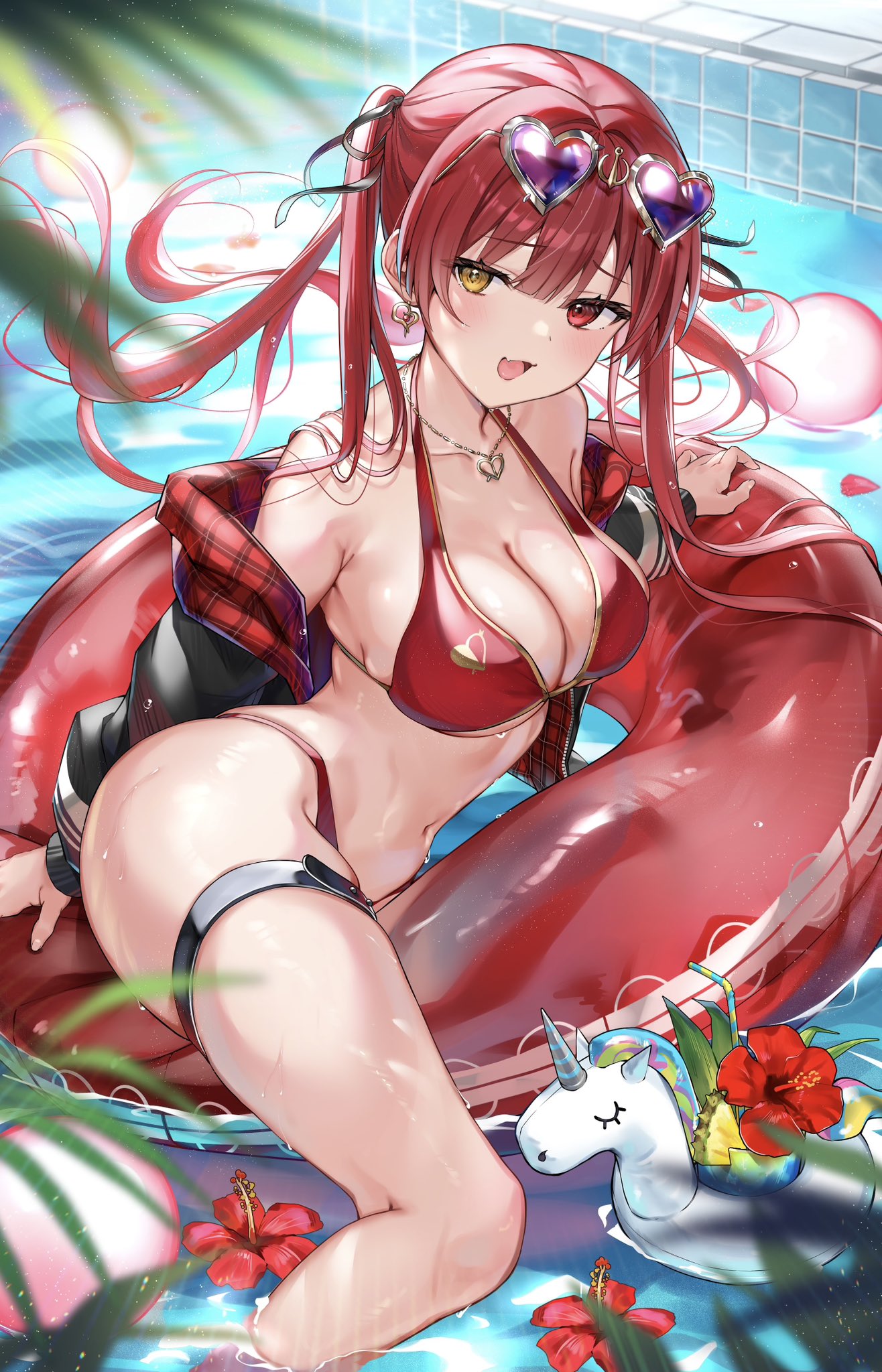 1girl arrow_through_heart bare_legs bare_shoulders bikini black_jacket blush bochibochi_(gyuuniku_6000) breasts cleavage commentary commentary_request earrings eyewear_on_headwear floating_hair halterneck heart heart-shaped_eyewear heart_necklace heterochromia highres hololive houshou_marine houshou_marine_(4th_costume) innertube jacket jewelry large_breasts long_hair looking_at_viewer navel necklace off_shoulder official_alternate_costume on_innertube open_clothes open_jacket open_mouth red_bikini red_eyes red_hair smile solo stomach sunglasses swimsuit thigh_strap thighs virtual_youtuber wet yellow_eyes