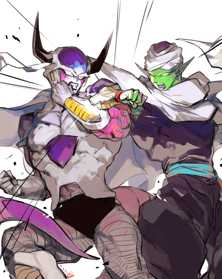 2boys akame_(chokydaum) black_lips cape collarbone colored_skin dragon_ball dragon_ball_z fighting fingernails frieza green_skin horns looking_at_another multiple_boys muscular muscular_male open_mouth pectorals piccolo pointy_ears red_eyes sharp_fingernails tail teeth
