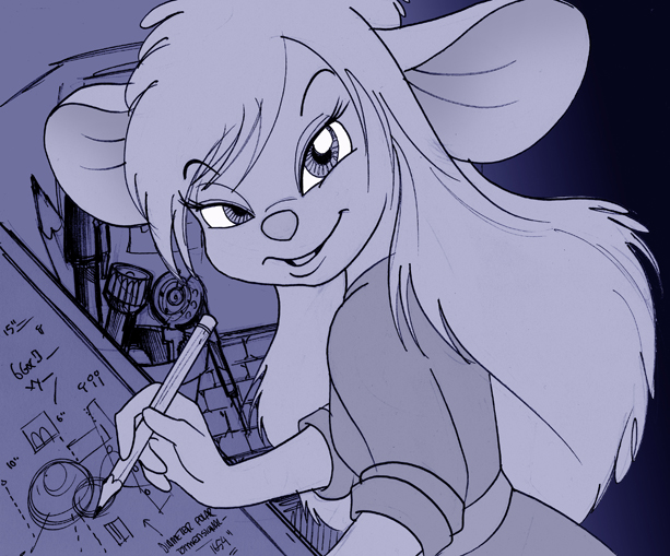 anthro breasts chip_'n_dale_rescue_rangers chris_fischer clothed clothing disney english_text female fur gadget_hackwrench hair half-closed_eyes jumpsuit long_hair looking_at_viewer mammal mouse murid murine narrowed_eyes pencil_(object) rodent solo text