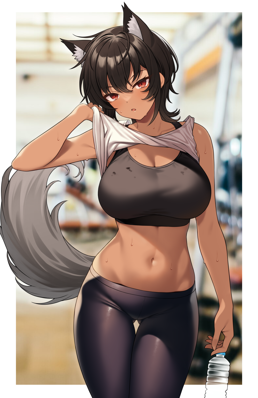 1girl animal_ear_fluff animal_ears black_hair black_sports_bra blurry bottle breasts cowboy_shot dark-skinned_female dark_skin depth_of_field gym hair_between_eyes head_tilt highres holding indoors large_breasts looking_at_viewer navel open_mouth original red_eyes shirt short_hair sleeveless solo sports_bra sweat tail takunomi tan thigh_gap thighs water_bottle white_shirt wolf_ears wolf_girl wolf_tail