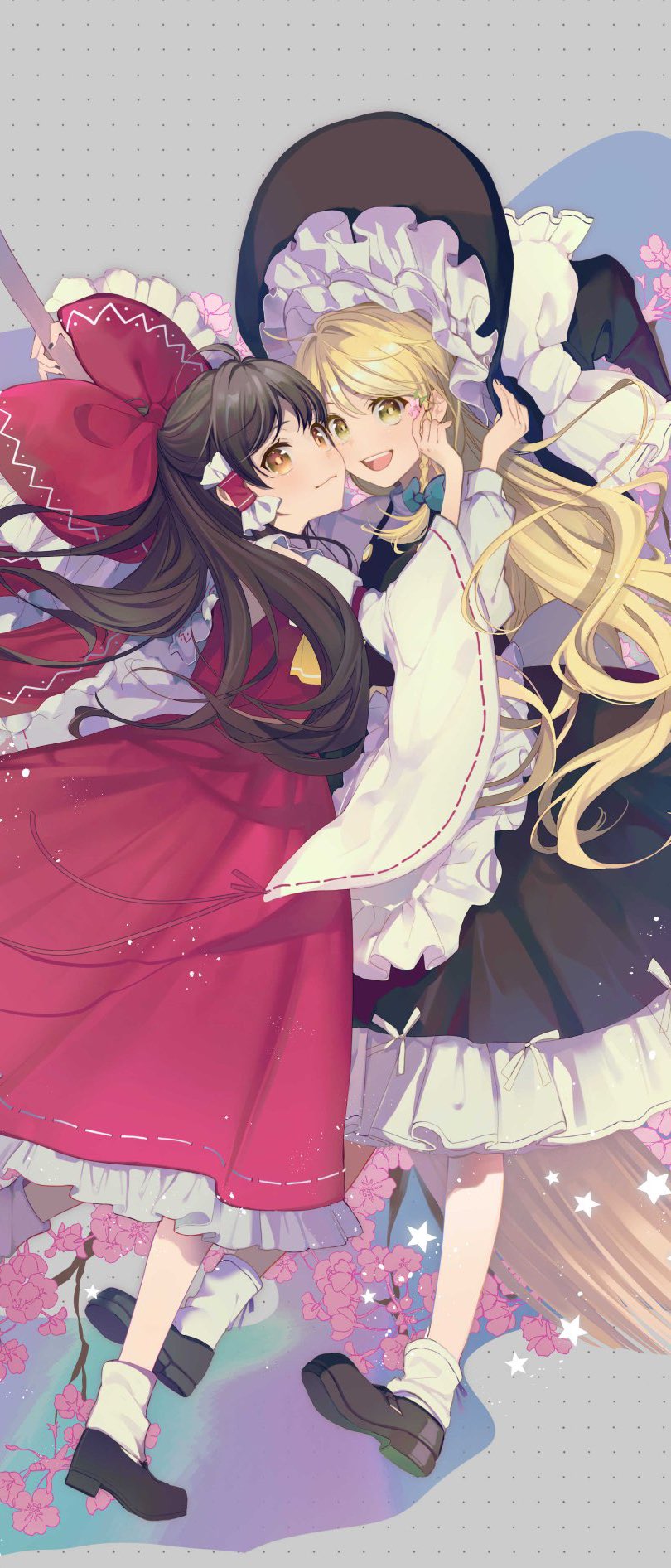 2girls apron ascot bare_shoulders black_dress black_footwear black_hair black_headwear blonde_hair blush bow braid branch broom brown_eyes cherry_blossoms closed_mouth detached_sleeves dress flower flying frills green_bow grey_background hair_between_eyes hair_bow hair_ornament hair_tubes hakurei_reimu hand_on_headwear hand_up hat hat_bow highres kirisame_marisa long_hair long_sleeves looking_at_viewer multiple_girls open_mouth pink_flower puffy_long_sleeves puffy_sleeves red_bow red_shirt red_skirt shirt shoes simple_background single_braid skirt skirt_set smile socks teeth tongue touhou tree vanilla_(miotanntann) white_apron white_bow white_shirt white_socks witch_hat yellow_ascot yellow_eyes