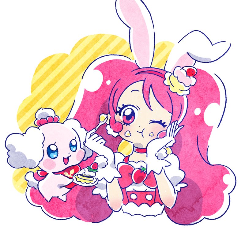 1girl animal_ears bow cake cake_hair_ornament choker cure_whip earrings eating extra_ears food food-themed_hair_ornament food-themed_ornament food_on_face gloves hair_ornament hoppetoonaka3 jewelry kirakira_precure_a_la_mode magical_girl pekorin_(precure) pink_eyes pink_hair pom_pom_(clothes) pom_pom_earrings precure rabbit_ears simple_background smile twintails usami_ichika white_gloves