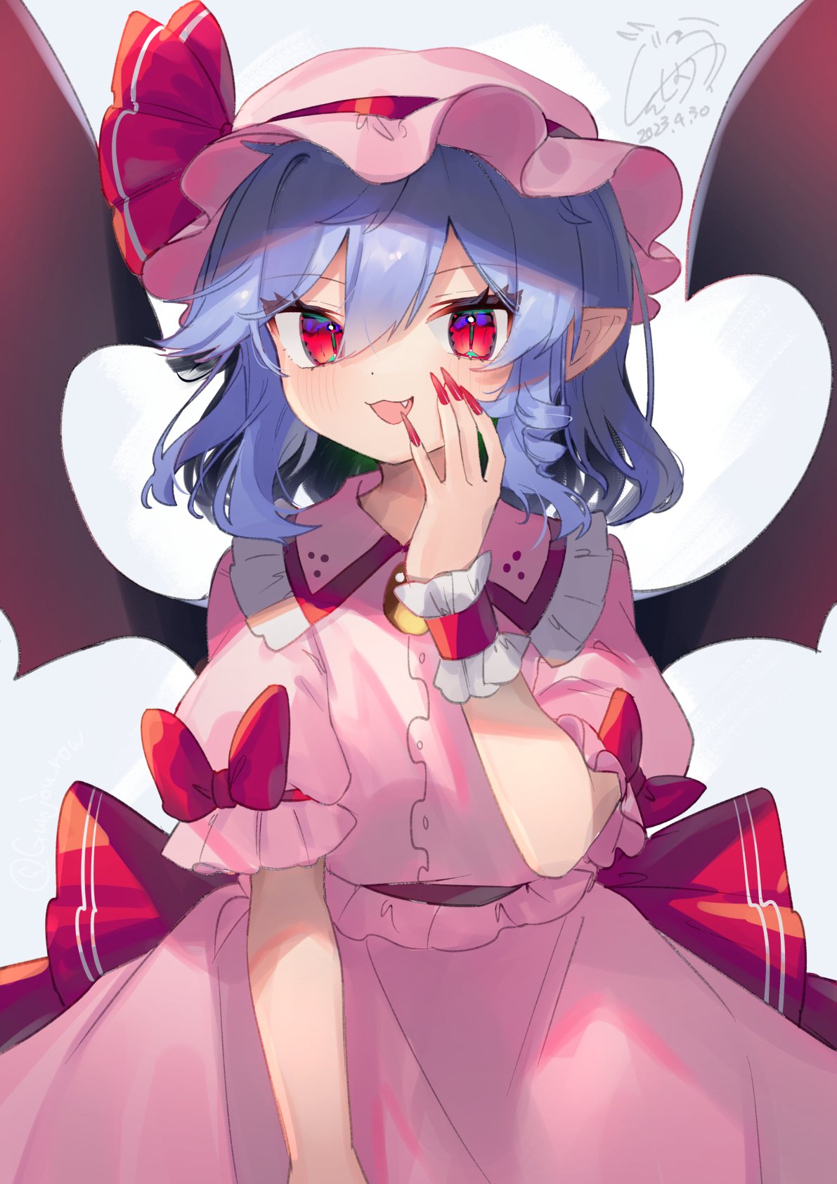 1girl bat_wings black_wings blue_hair blush buttons collar collared_shirt dated dress fang fingernails frilled_collar frilled_sleeves frills gunjou_row hair_between_eyes hat hat_ribbon highres long_fingernails mob_cap nail_polish one-hour_drawing_challenge open_mouth pink_dress pink_headwear red_eyes red_nails red_ribbon remilia_scarlet ribbon sharp_fingernails shirt short_hair short_sleeves signature slit_pupils smile solo touhou wings wrist_cuffs