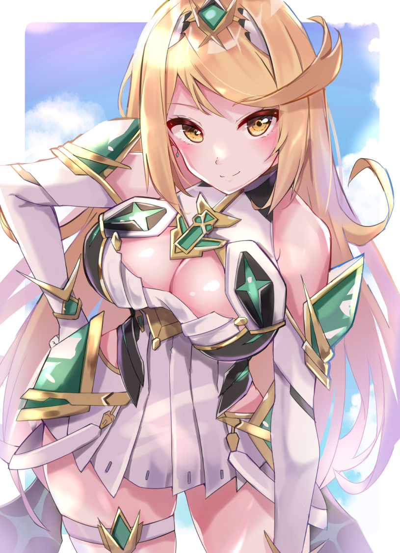 1girl bare_legs bare_shoulders blonde_hair blush breasts chest_jewel cleavage cleavage_cutout clothing_cutout core_crystal_(xenoblade) dress earrings elbow_gloves gem gloves hand_on_own_hip headpiece jewelry large_breasts long_hair looking_at_viewer microdress mythra_(xenoblade) racket_ti1 short_dress smile solo swept_bangs thigh_strap tiara very_long_hair white_dress white_gloves xenoblade_chronicles_(series) xenoblade_chronicles_2 yellow_eyes