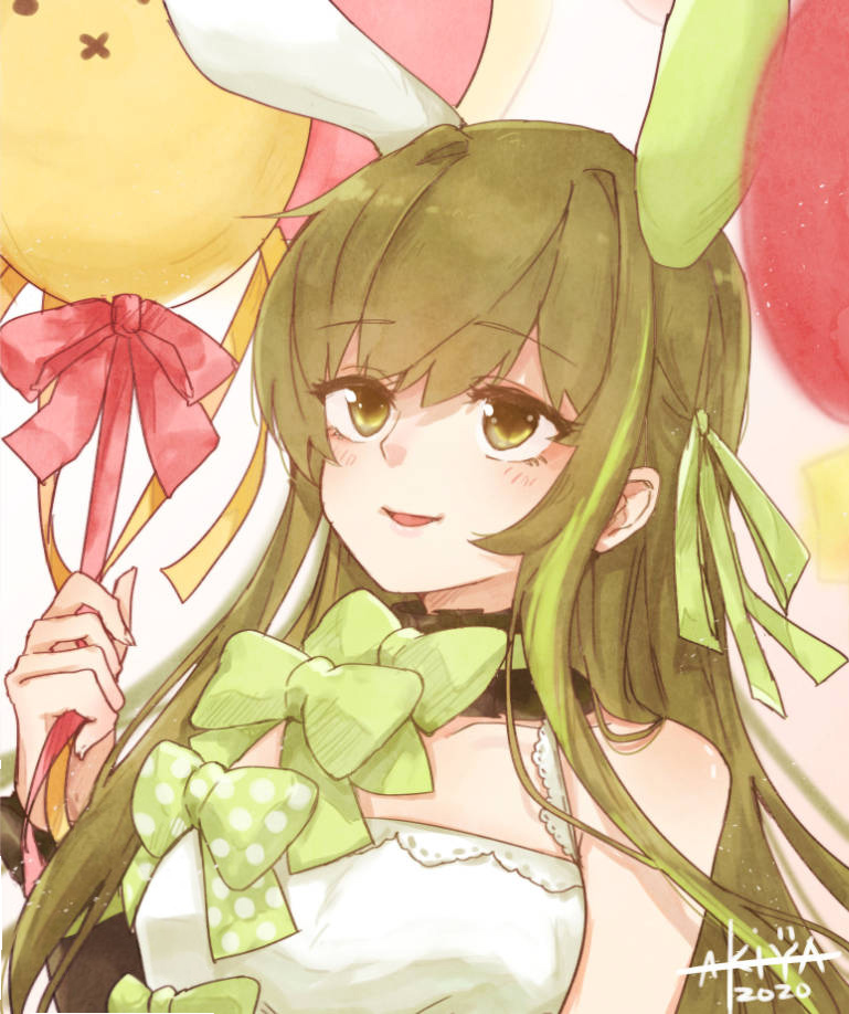1girl akiya_doubao animal_ears balloon bare_shoulders bow brown_hair commentary_request dated dress fake_animal_ears girls'_frontline green_bow green_hair green_ribbon holding holding_balloon long_hair looking_up m4a1_(a_girl's_hot_air_balloon_adventure)_(girls'_frontline) m4a1_(girls'_frontline) multicolored_hair official_alternate_costume rabbit_ears red_ribbon ribbon signature smile solo streaked_hair upper_body white_dress