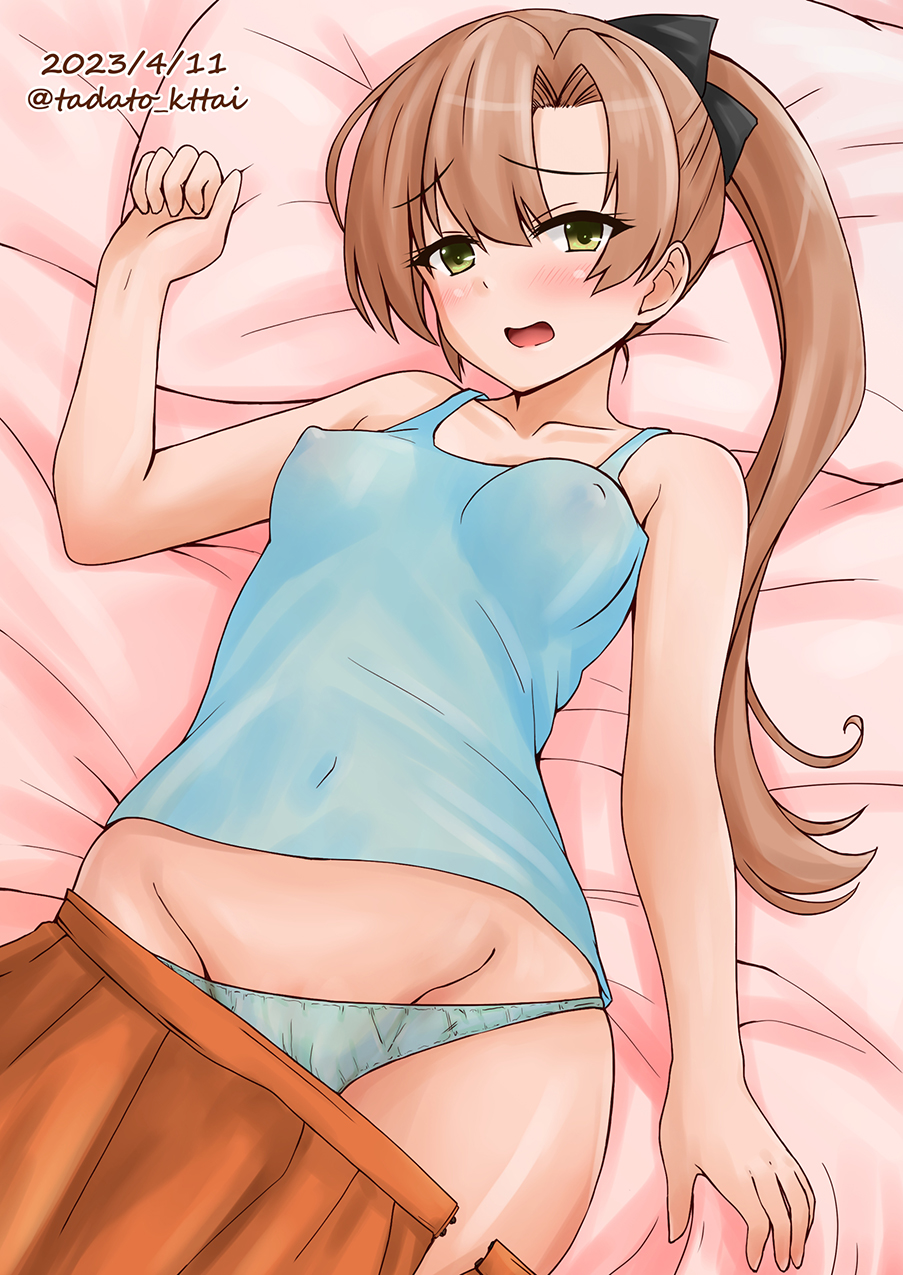 1girl akigumo_(kancolle) blue_camisole blue_panties brown_hair camisole covered_nipples cowboy_shot green_eyes groin hair_ribbon highres kamiya_tadato kantai_collection long_hair lying one-hour_drawing_challenge orange_skirt panties ponytail ribbon skirt skirt_removed solo twitter_username underwear