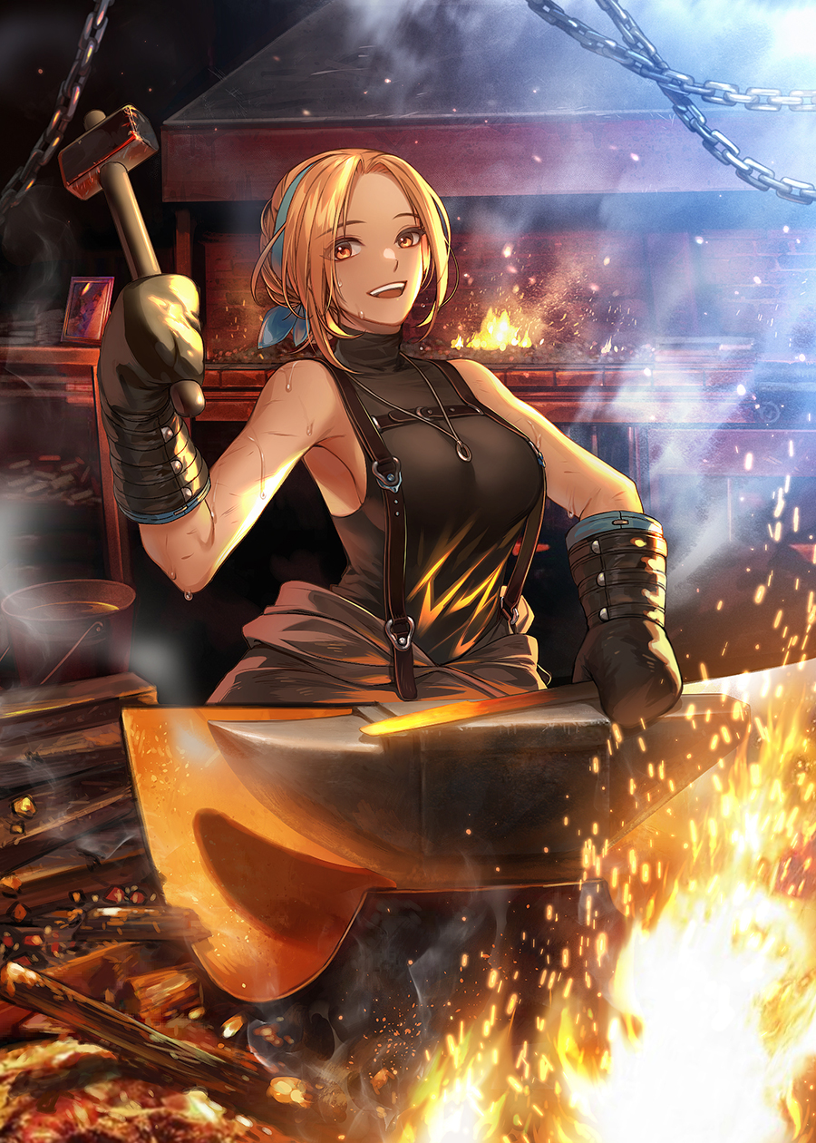 1girl anvil black_mittens blacksmith blonde_hair blue_hairband breasts brown_eyes bucket chain embers eu_(euspia) fire forge glowing_hot hairband hammer highres holding holding_hammer jewelry korean_commentary large_breasts looking_at_viewer mittens necklace novel_illustration official_art open_mouth parted_lips picture_(object) regressor's_instruction_manual ring_necklace shirt sleeveless sleeveless_shirt solo steam sweat teeth upper_teeth_only yoo_ahyoung