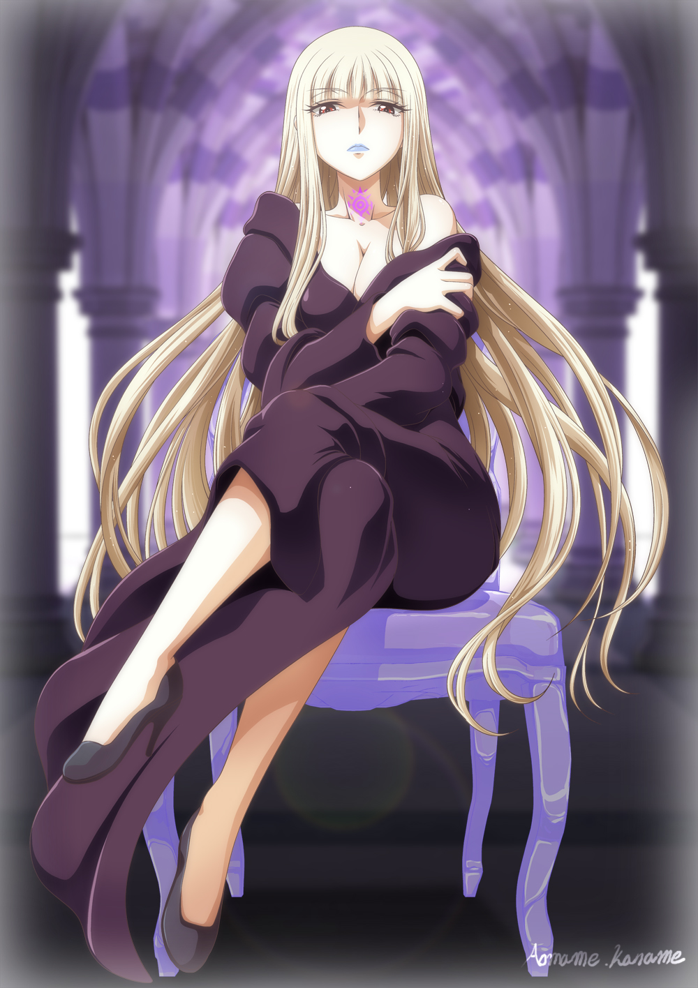 1girl aoki_hagane_no_arpeggio bare_shoulders blonde_hair blue_lips breasts chair cleavage crossed_legs highres kaname_aomame kongou_(aoki_hagane_no_arpeggio) long_hair red_eyes sitting solo tattoo very_long_hair