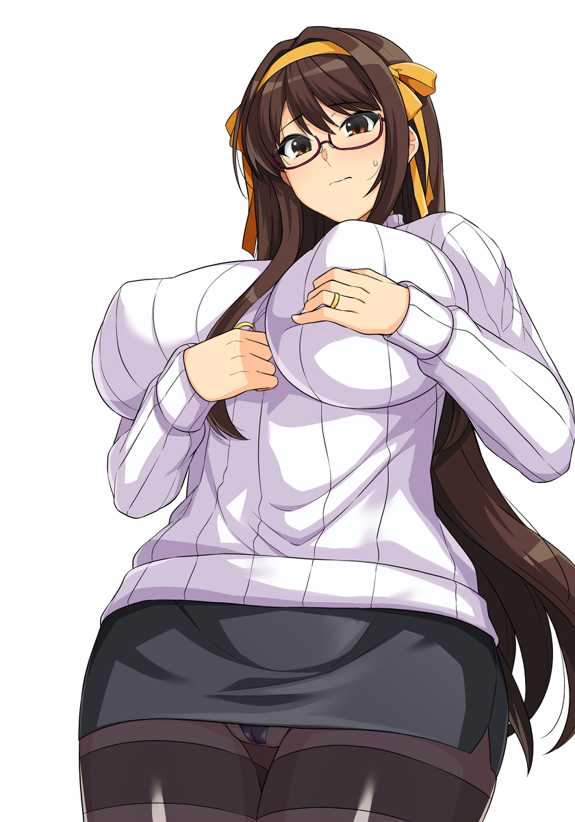 1girl aged_up alternate_breast_size bespectacled black_panties black_pantyhose black_skirt blush breasts brown_eyes brown_hair closed_mouth commentary_request covered_nipples cowboy_shot glasses hair_ribbon hairband haruhisky highres huge_breasts jewelry long_hair long_sleeves mature_female panties pantyhose pantyshot pencil_skirt purple-framed_eyewear ribbon ring semi-rimless_eyewear simple_background skirt solo standing suzumiya_haruhi suzumiya_haruhi_no_yuuutsu sweatdrop sweater under-rim_eyewear underwear very_long_hair wedding_ring white_background white_sweater yellow_hairband yellow_ribbon