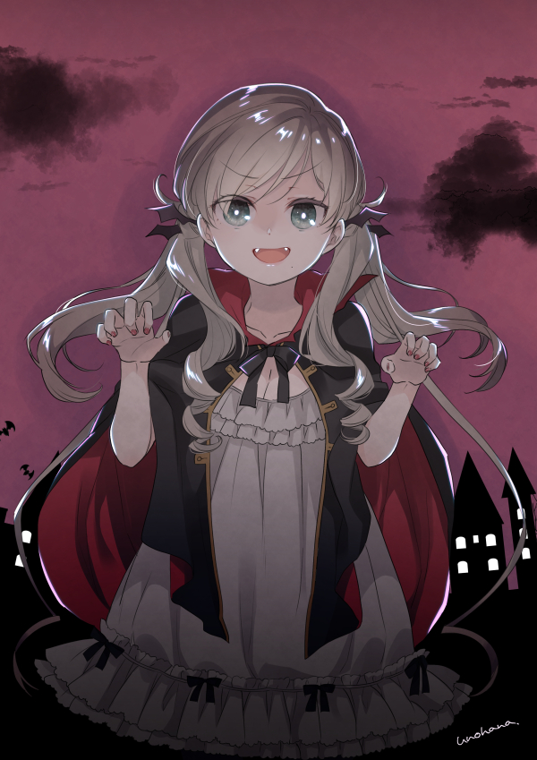 1girl artist_name black_cape black_ribbon brown_hair cape claw_pose cloud cloudy_sky cowboy_shot dress drill_hair fangs frilled_dress frills green_eyes grey_dress hair_ribbon halloween hayase_tsubame long_hair medium_dress night open_mouth original purple_sky red_cape ribbon signature sky smile solo twintails two-sided_cape two-sided_fabric unohana_tsukasa wind