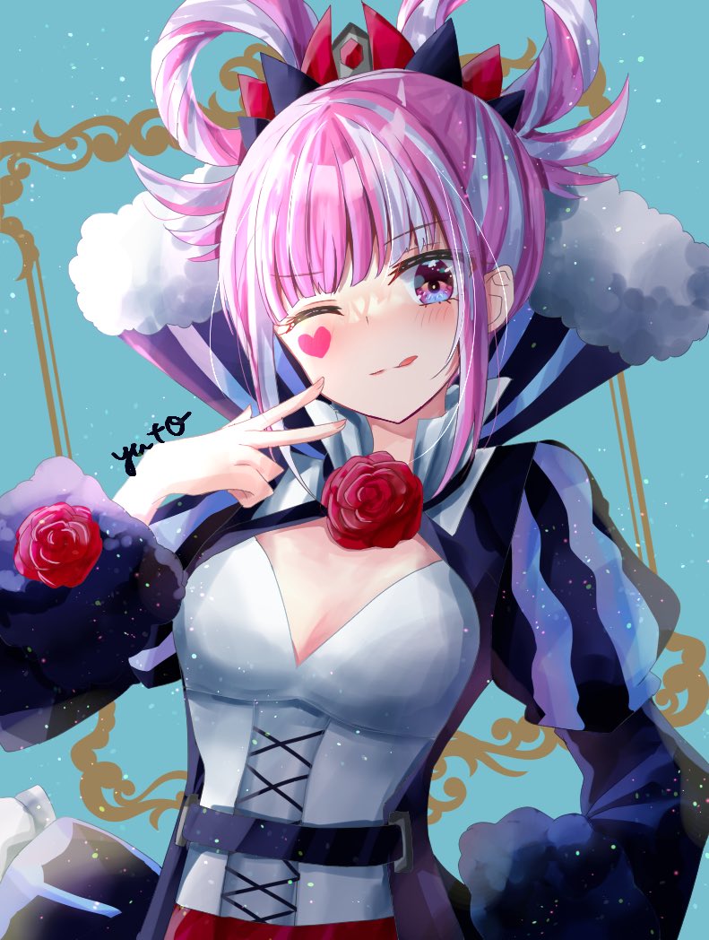 1girl ;p artist_name blunt_bangs dress facial_mark fire_emblem fire_emblem_engage flower fur_trim hair_rings heart heart_facial_mark hortensia_(fire_emblem) juliet_sleeves long_sleeves looking_at_viewer multicolored_hair one_eye_closed pink_eyes pink_hair puffy_sleeves rose solo tongue tongue_out two-tone_hair upper_body w white_hair yuyu_(spika)