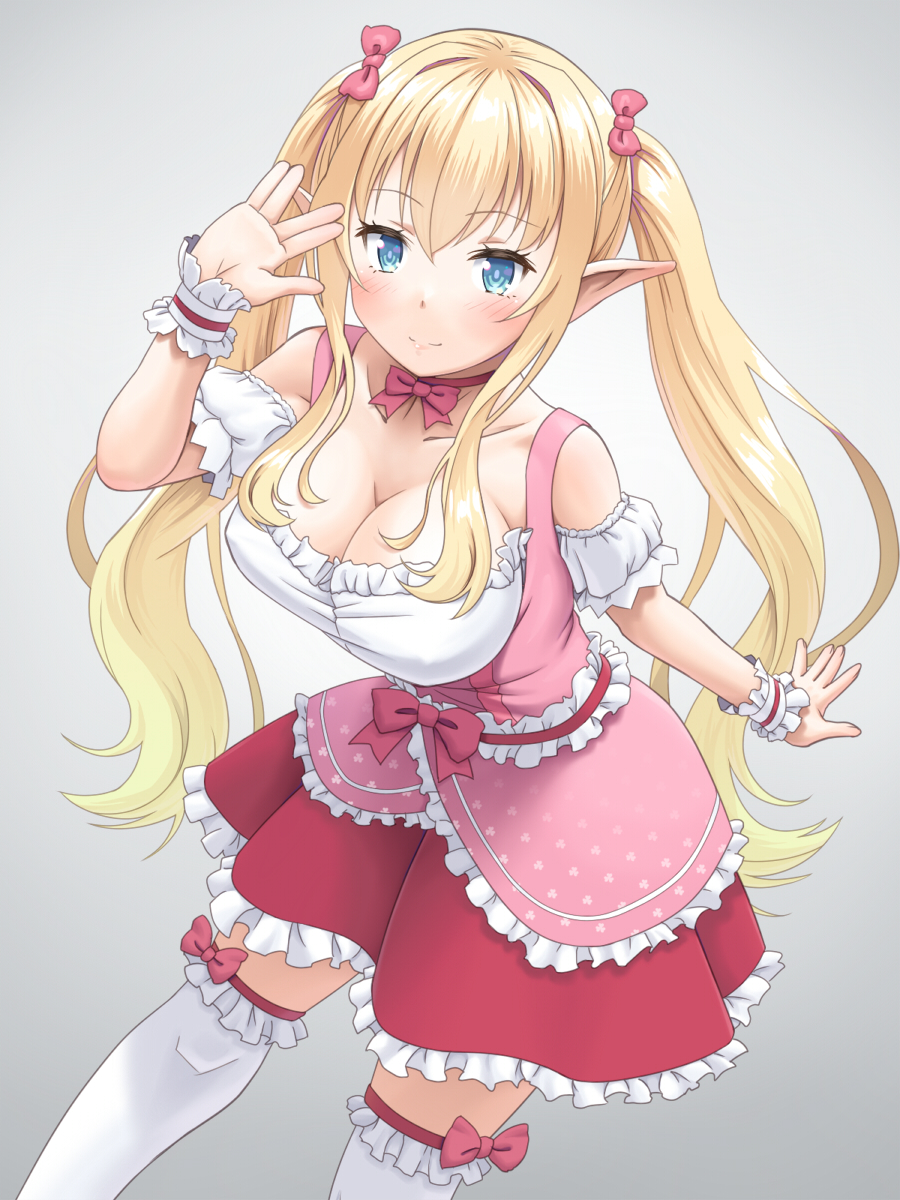 1girl blonde_hair blue_eyes blush bow bowtie breasts choker cleavage closed_mouth commentary_request elf gradient_background grey_background hand_up highres large_breasts looking_at_viewer meow_(nekodenki) original pink_bow pink_bowtie pointy_ears polka_dot red_choker red_skirt skirt smile solo thighhighs twintails white_thighhighs wrist_cuffs