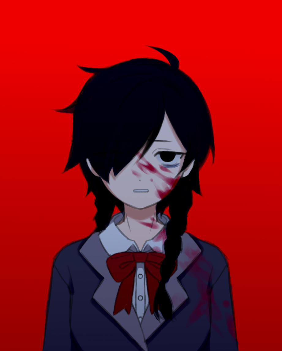 1girl bags_under_eyes black_eyes black_hair blood blood_on_clothes blood_on_face bow bowtie braid collared_shirt hair_over_one_eye jitome kurai_yonaka long_hair looking_at_viewer meeako mogeko_castle red_background school_uniform shirt solo straight-on twin_braids upper_body