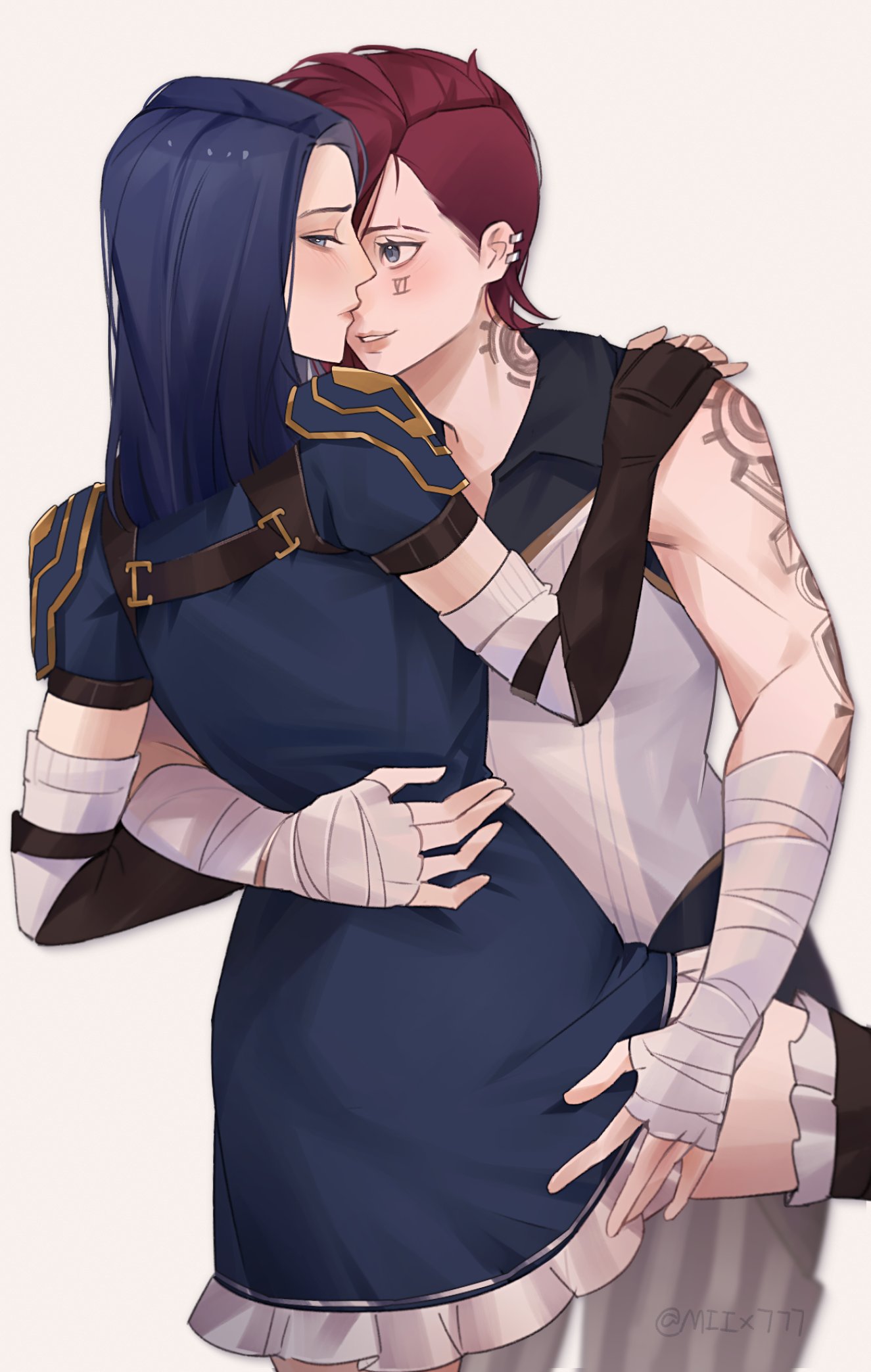 2girls bandaged_arm bandages blue_eyes blue_hair blush caitlyn_(league_of_legends) ear_piercing hand_on_another's_shoulder highres league_of_legends medium_hair miix777 multiple_girls parted_lips piercing red_hair twitter_username vi_(league_of_legends) yuri