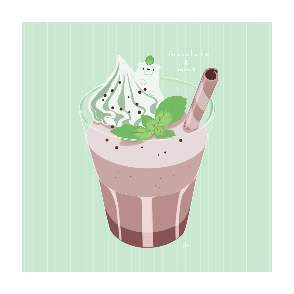 bear chai_(drawingchisanne) chocolate_milk drink english_text food food_focus green_background in_food mint no_humans original shirokuma-san_(drawingchisanne) simple_background whipped_cream