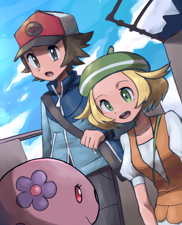 1boy 1girl bianca_(pokemon) blonde_hair blue_jacket brown_eyes brown_hair green_eyes green_headwear hat hilbert_(pokemon) jacket long_sleeves mtgrslove376 munna open_mouth orange_vest pokemon pokemon_(creature) pokemon_(game) pokemon_bw shirt short_hair short_sleeves vest white_shirt