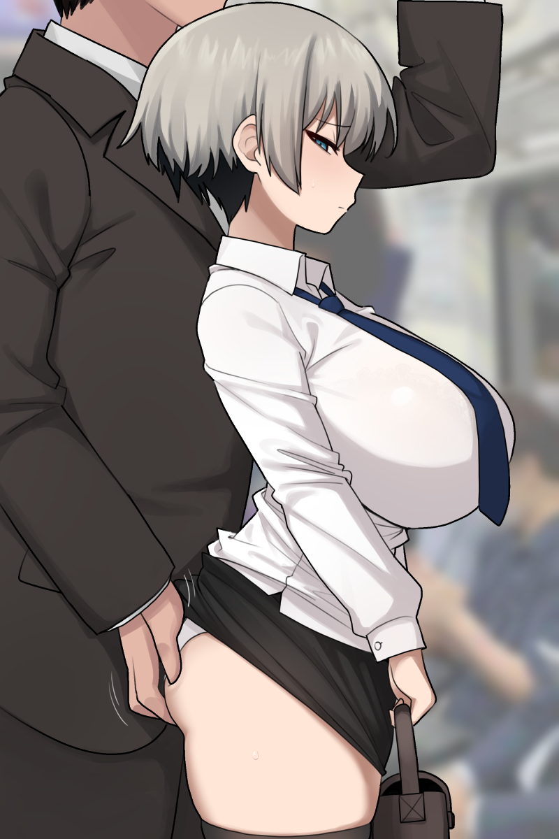 1boy 1girl alternate_costume ass ass_grab bag black_hair black_skirt blue_eyes blue_necktie blush bra_visible_through_clothes breasts closed_mouth clothes_lift cowboy_shot from_side grabbing_another's_ass grey_hair groping highres holding_hand_grip huge_breasts jorin lifted_by_another long_sleeves molestation multicolored_hair necktie office_lady profile school_bag see-through shirt short_hair skirt skirt_lift solo_focus train_interior two-tone_hair uzaki-chan_wa_asobitai! uzaki_hana white_shirt zettai_ryouiki