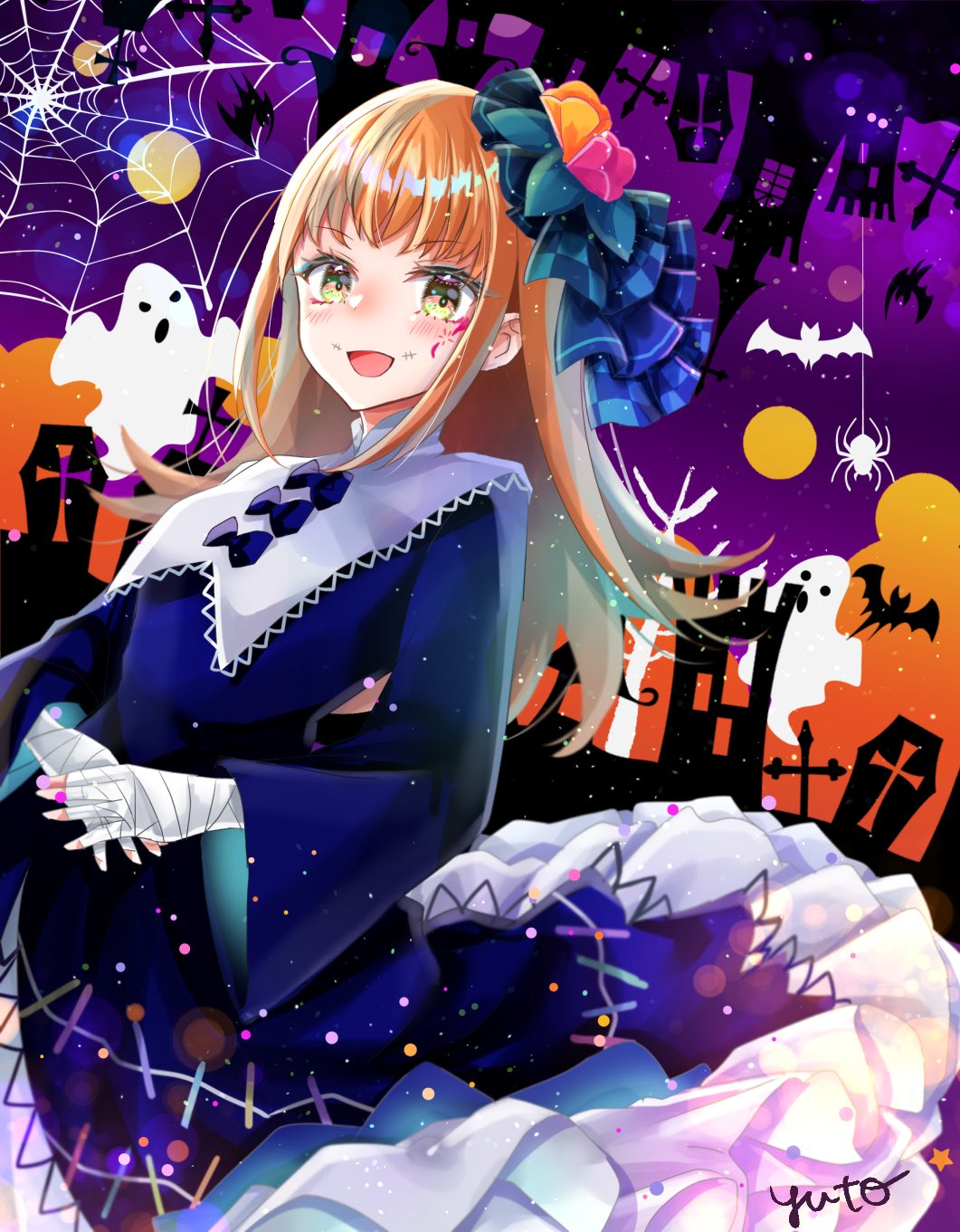 1girl alternate_costume bat_(animal) coffin fire_emblem fire_emblem_engage ghost halloween highres long_hair looking_at_viewer moon open_mouth orange_hair panette_(fire_emblem) sidelocks silk solo spider_web upper_body yellow_eyes yuyu_(spika)