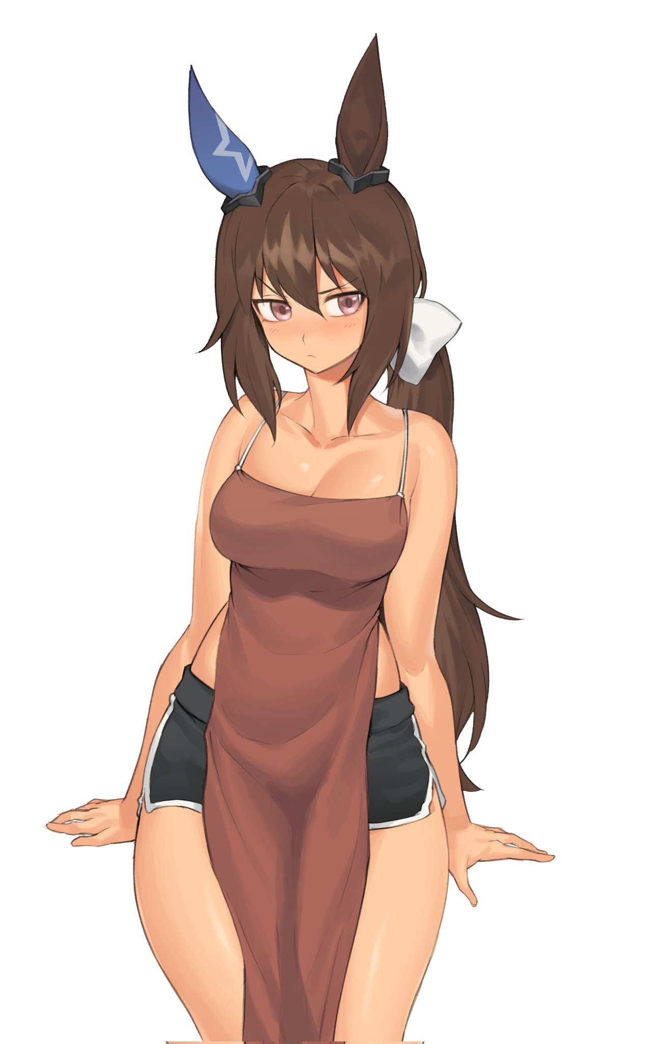 1girl admire_vega_(umamusume) animal_ears apron bangs bare_shoulders blush breasts brown_hair cleavage closed_mouth collarbone dolphin_shorts frown fukuro_(maruaru00) highres horse_ears invisible_chair long_hair low_ponytail medium_breasts nearly_naked_apron pelvic_curtain short_shorts shorts simple_background sitting solo umamusume white_background