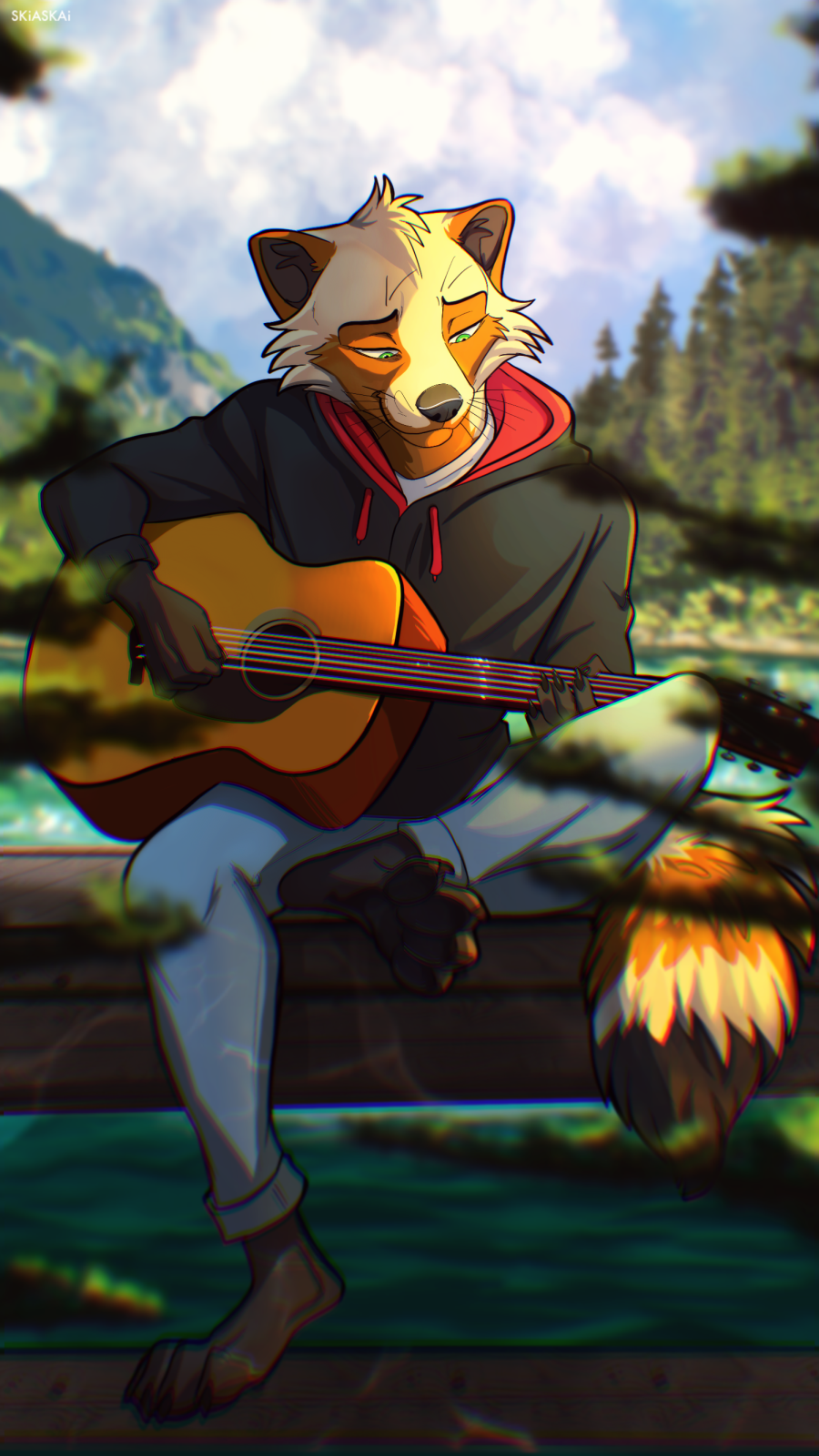 9:16 anthro bottomwear clothing denim denim_clothing dock forest guitar hi_res hoodie jeans lake legend_of_ahya male mammal max_thrash mountain musical_instrument pants plant plucked_string_instrument procyonid raccoon sitting sitting_on_ground skiaskai solo string_instrument topwear tree water wilderness