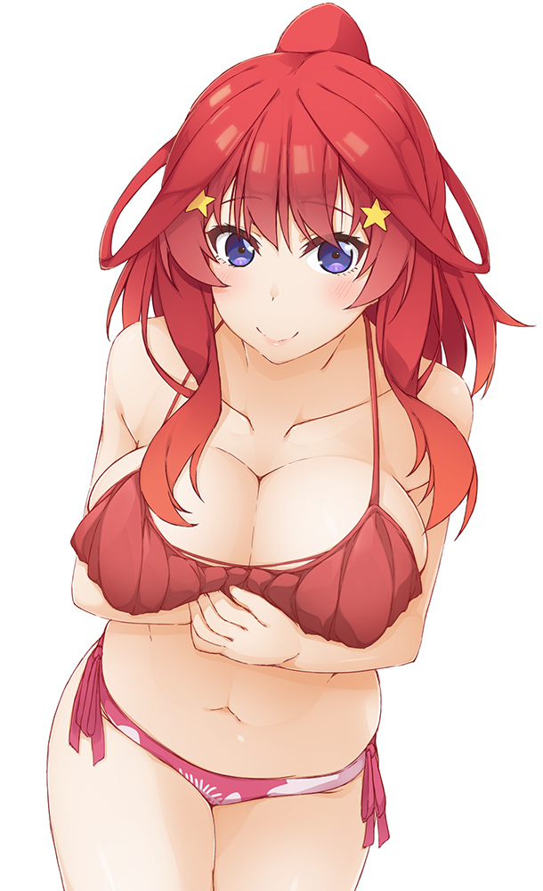 1girl bare_arms bikini blue_eyes blush breast_hold breast_lift breasts cleavage closed_mouth collarbone commentary_request cowboy_shot eyelashes frilled_bikini frills go-toubun_no_hanayome hair_between_eyes hair_ornament hinata_masaki large_breasts lips long_hair looking_at_viewer nakano_itsuki navel paid_reward_available ponytail red_bikini red_hair side-tie_bikini_bottom sidelocks simple_background smile solo standing star_(symbol) star_hair_ornament swimsuit wavy_hair white_background