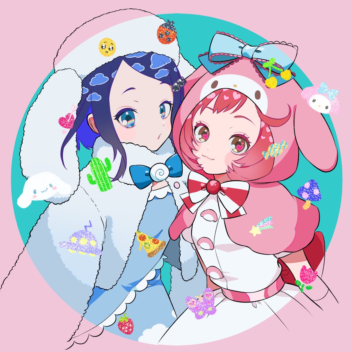 2girls :3 animal_ears animal_hood ayase_naru belt blue_bow blue_dress blue_eyes blue_hair blush bow brown_eyes bug butterfly cactus capelet cinnamoroll closed_mouth commentary_request cropped_jacket dress emoji fake_animal_ears flower food fruit fur-trimmed_headwear fur-trimmed_jacket fur_trim heart highres hood hood_up hooded_capelet jacket long_sleeves looking_at_viewer multiple_girls mushroom my_melody niku_(onikujunjuwa) onegai_my_melody pink_belt pink_capelet pink_hair pizza pizza_slice pleading_face_emoji pretty_(series) pretty_rhythm pretty_rhythm_rainbow_live rabbit_ears rabbit_hood rinne_(pretty_rhythm) sanrio short_hair smile strawberry tulip white_dress white_headwear white_jacket