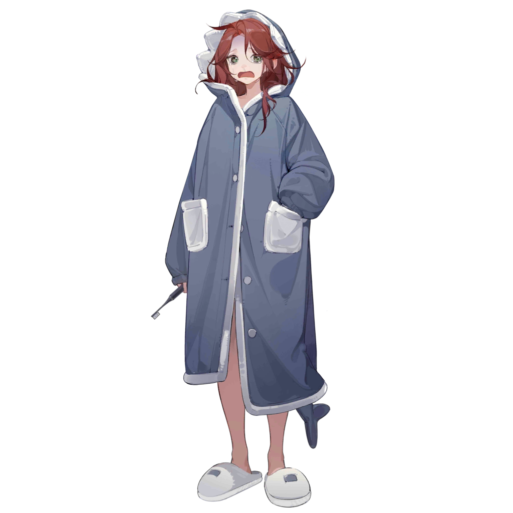 1girl animal_hood artist_request bags_under_eyes blue_pajamas cheryl_(girls'_frontline) crying crying_with_eyes_open d: fake_tail fins fish_tail full_body girls'_frontline green_eyes hand_in_pocket holding holding_toothbrush hood hood_up long_hair looking_at_viewer no_socks official_art pajamas red_hair runny_nose sad shark_hood shark_tail simple_background slippers snot solo standing streaming_tears tail tears toothbrush transparent_background white_footwear