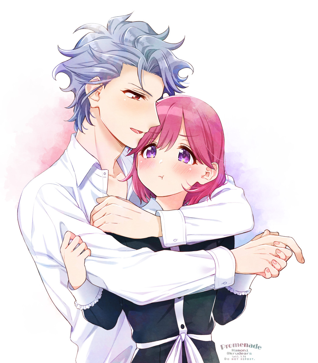 1boy 1girl arm_around_neck black_dress blush bob_cut collared_dress collared_shirt couple dated dress grey_hair hair_between_eyes hetero holding_hands hug hug_from_behind krudears long_sleeves open_mouth pink_hair protagonist_(tokimemo_gs3) purple_eyes red_eyes shirt shitara_seiji short_hair smile tokimeki_memorial tokimeki_memorial_girl's_side_3rd_story twitter_username upper_body white_shirt