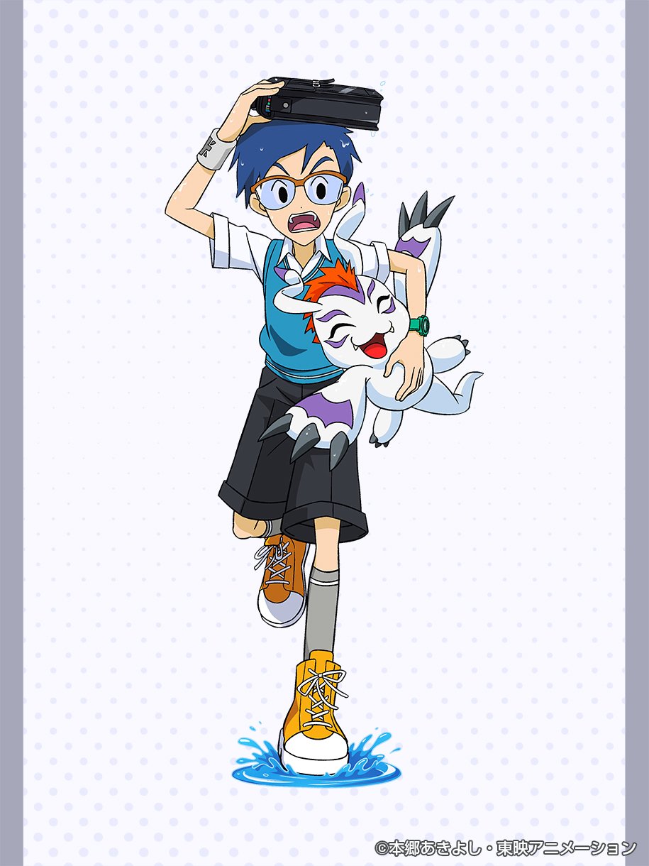 bag black_eyes black_shorts blue_hair blue_sweater_vest child closed_eyes commentary_request digimon digimon_(creature) digimon_adventure digimon_crest glasses gomamon grey_socks highres holding holding_bag holding_digimon improvised_umbrella kido_jou male_child official_art open_mouth puddle shirt shoes short_hair shorts sneakers socks sweater_vest watch water water_drop wet wet_hair white_shirt wristband wristwatch yellow_footwear