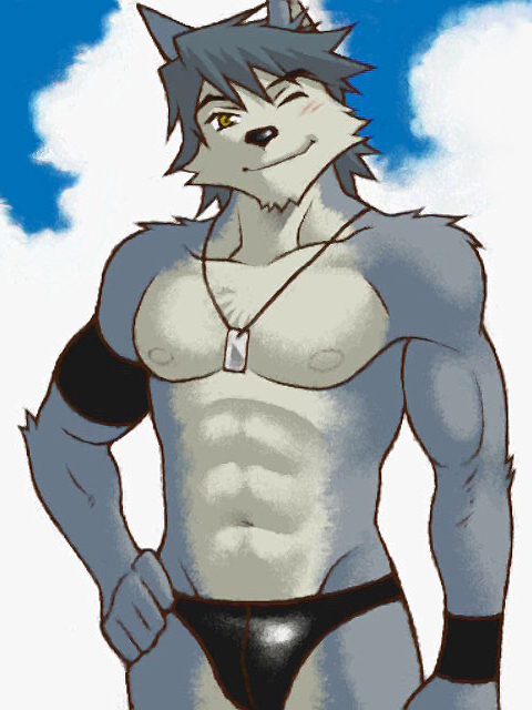 1boy abs animal_ears armband bicep_strap black_armband blue_sky cloud cloudy_sky commentary_request dog_boy dog_ears furry furry_male hands_on_own_hips jewelry kouya_aotsuki looking_at_viewer male_focus male_swimwear morenatsu necklace one_eye_closed pectorals shirako_(kirupi) sky smile swim_briefs topless_male