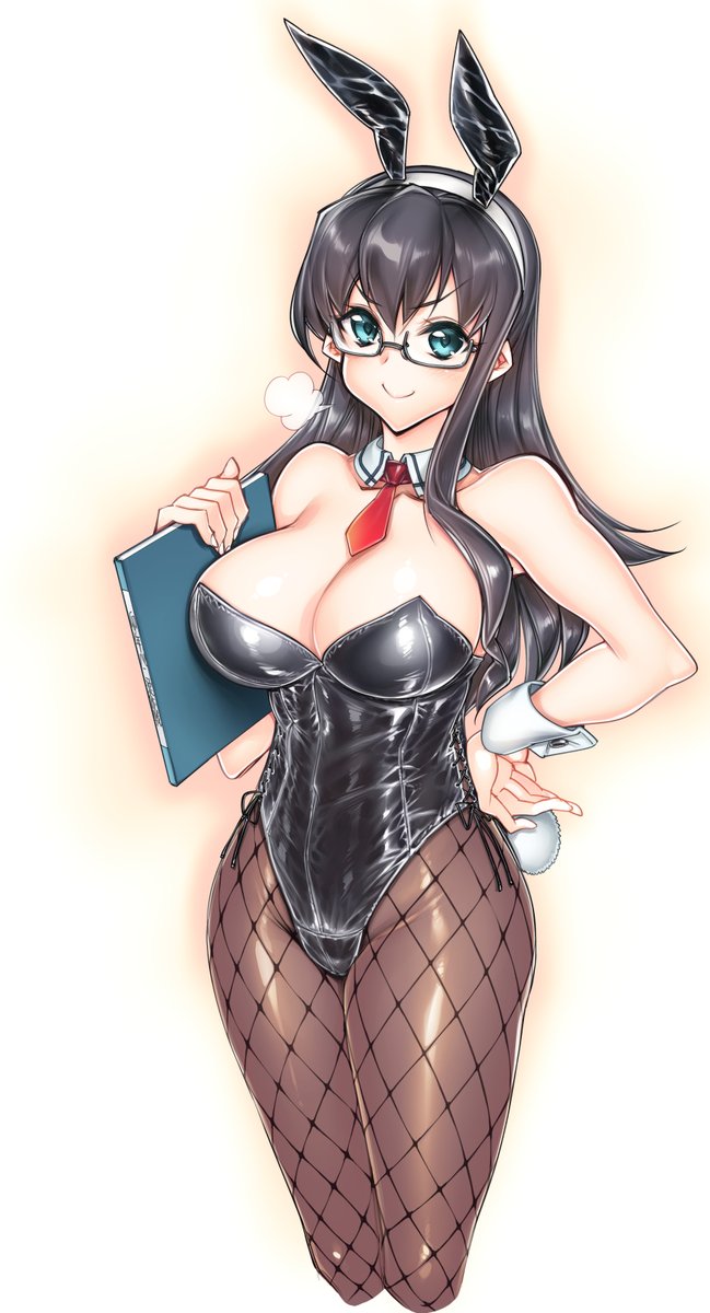 1girl =3 alternate_breast_size alternate_costume animal_ears black_hair black_leotard breasts cleavage clipboard detached_collar fishnet_pantyhose fishnets glasses green_eyes hand_on_own_hip highres hiyohiyo kantai_collection large_breasts leotard long_hair looking_at_viewer necktie new_year ooyodo_(kancolle) pantyhose playboy_bunny rabbit_ears rabbit_tail red_necktie semi-rimless_eyewear simple_background smirk solo strapless strapless_leotard tail under-rim_eyewear white_background wrist_cuffs