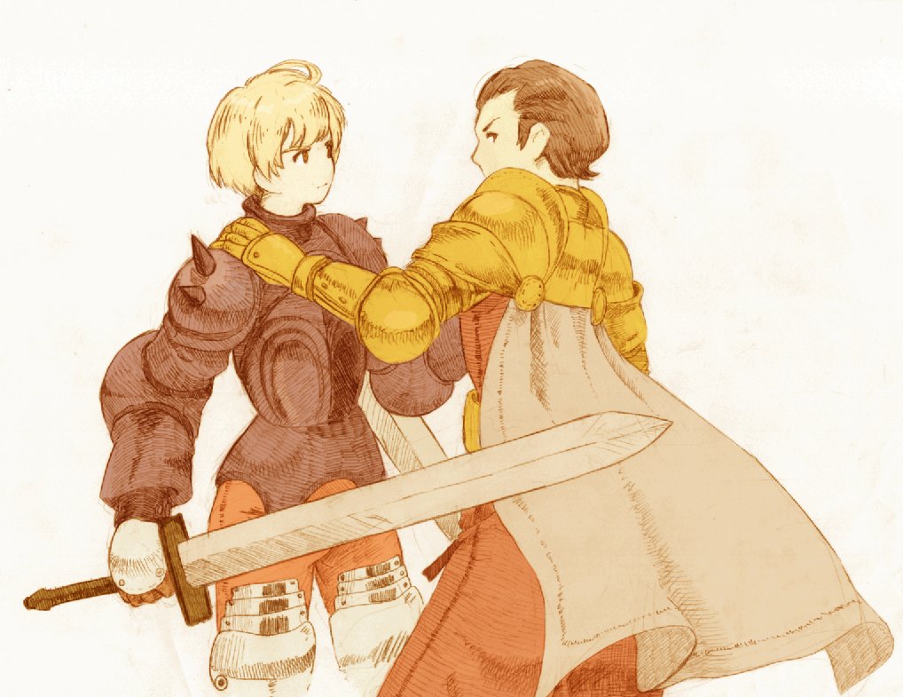 2boys ahoge armor back blonde_hair brown_hair cape delita_heiral final_fantasy final_fantasy_tactics hands_on_another's_shoulders holding holding_sword holding_weapon looking_at_another looking_back multiple_boys ramza_beoulve shoulder_armor sword trpy_tc weapon white_background white_cape