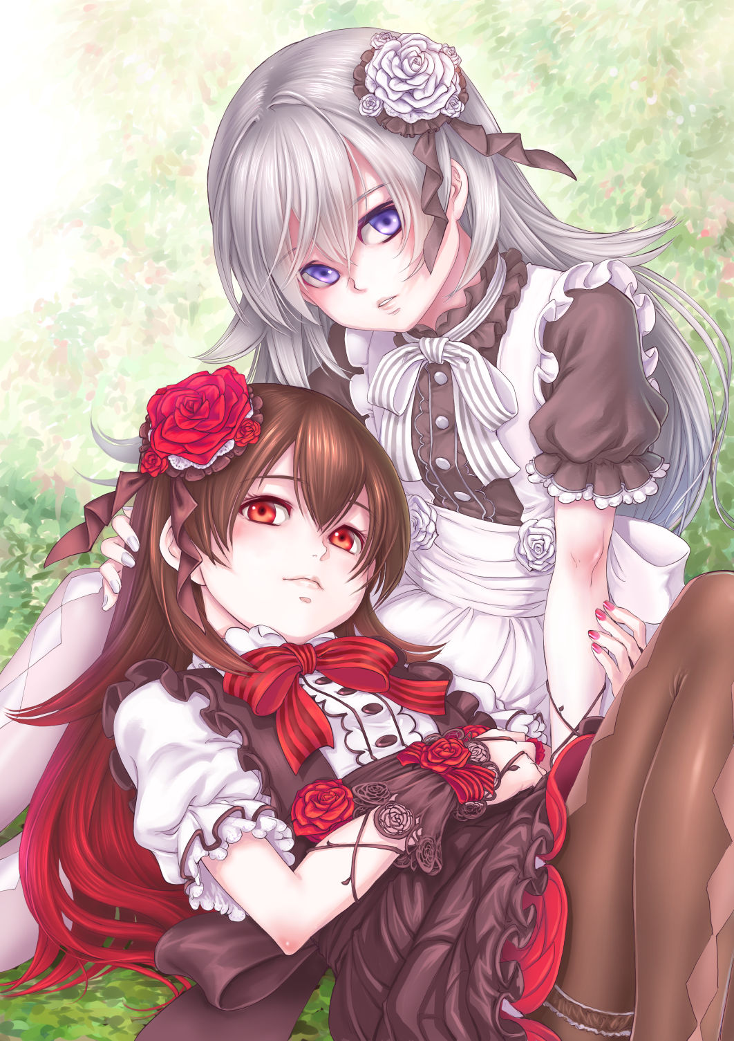 2girls blush bow flower grimm's_fairy_tales hair_flower hair_ornament highres kosai_takayuki looking_at_viewer lying multiple_girls nail_polish on_back open_mouth pantyhose puffy_short_sleeves puffy_sleeves purple_eyes red_bow red_flower red_nails red_ribbon red_rose revision ribbon rose rose-red_(snow-white_and_rose-red) short_sleeves sitting smile snow-white_(snow-white_and_rose-red) snow-white_and_rose-red teeth white_flower white_rose