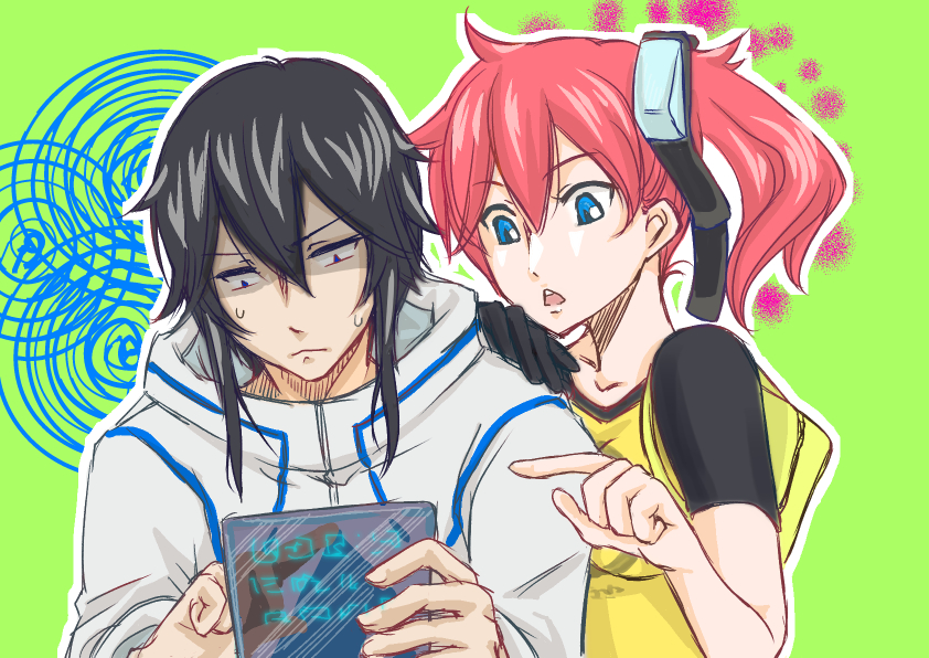 1boy 1girl aiba_ami bironeko black_hair blue_eyes digimon digimon_story:_cyber_sleuth goggles goggles_on_head hand_on_another's_shoulder hood hoodie long_hair outline red_hair sanada_arata short_sleeves side_ponytail upper_body white_hoodie white_outline