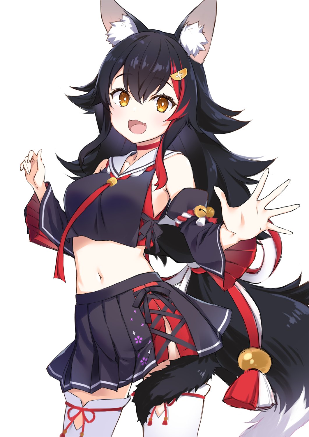 1girl animal_ear_fluff animal_ears black_hair black_skirt choker contrapposto cowboy_shot detached_sleeves fang hair_ornament highres hololive hololive_gamers long_hair looking_at_viewer midriff multicolored_hair navel ookami_mio ookami_mio_(1st_costume) open_mouth pleated_skirt red_choker red_hair sailor_collar simple_background skirt solo standing streaked_hair tail tail_around_own_leg tail_wrap very_long_hair virtual_youtuber white_background wide_sleeves wolf_ears wolf_girl wolf_tail yellow_eyes yuuki_hagure