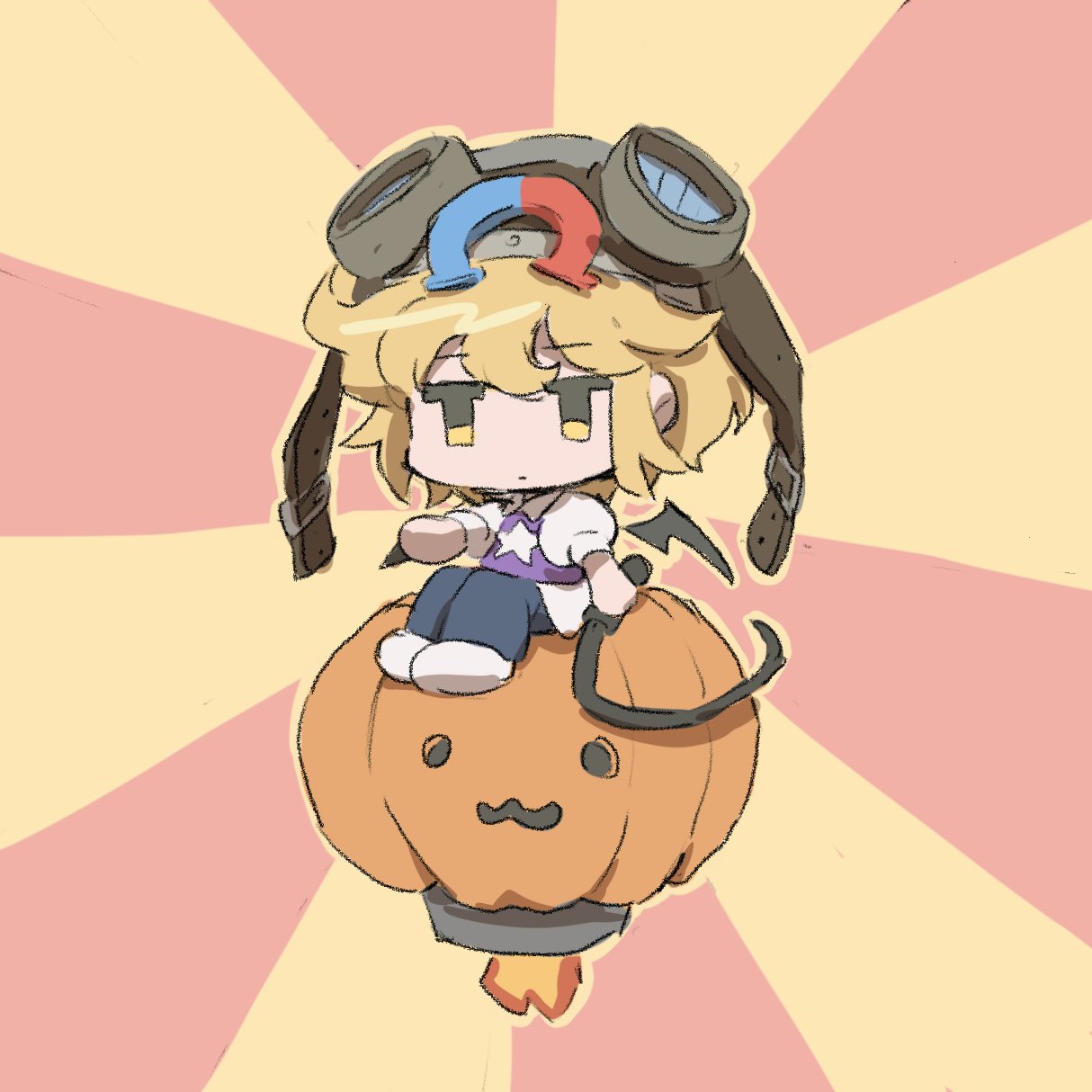 1other androgynous belt_buckle black_wings blonde_hair blue_pants brown_headwear buckle chibi closed_mouth collared_shirt expressionless fire goggles goggles_on_headwear helmet highres holding holding_whip len'en m3u3 magnet outstretched_arm pants puffy_short_sleeves puffy_sleeves pumpkin purple_vest red_background rocket shirt short_hair short_sleeves star_(symbol) star_print two-tone_background umatachi_tsugumi vest white_footwear white_shirt wings yellow_background yellow_eyes
