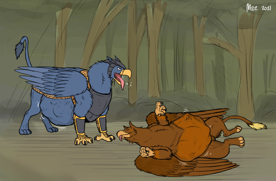 abdominal_bulge after_vore argent_(rwgryphon) armor avian beak blue_body blue_feathers blue_fur blush breastplate brown_body brown_feathers brown_fur eyes_closed feathers feral feral_pred forest fur gryphon headgear helmet jagg_(thatgryphonguy) lying male male_pred mythological_avian mythology on_side plant thatgryphonguy tongue tongue_out tree vore wings