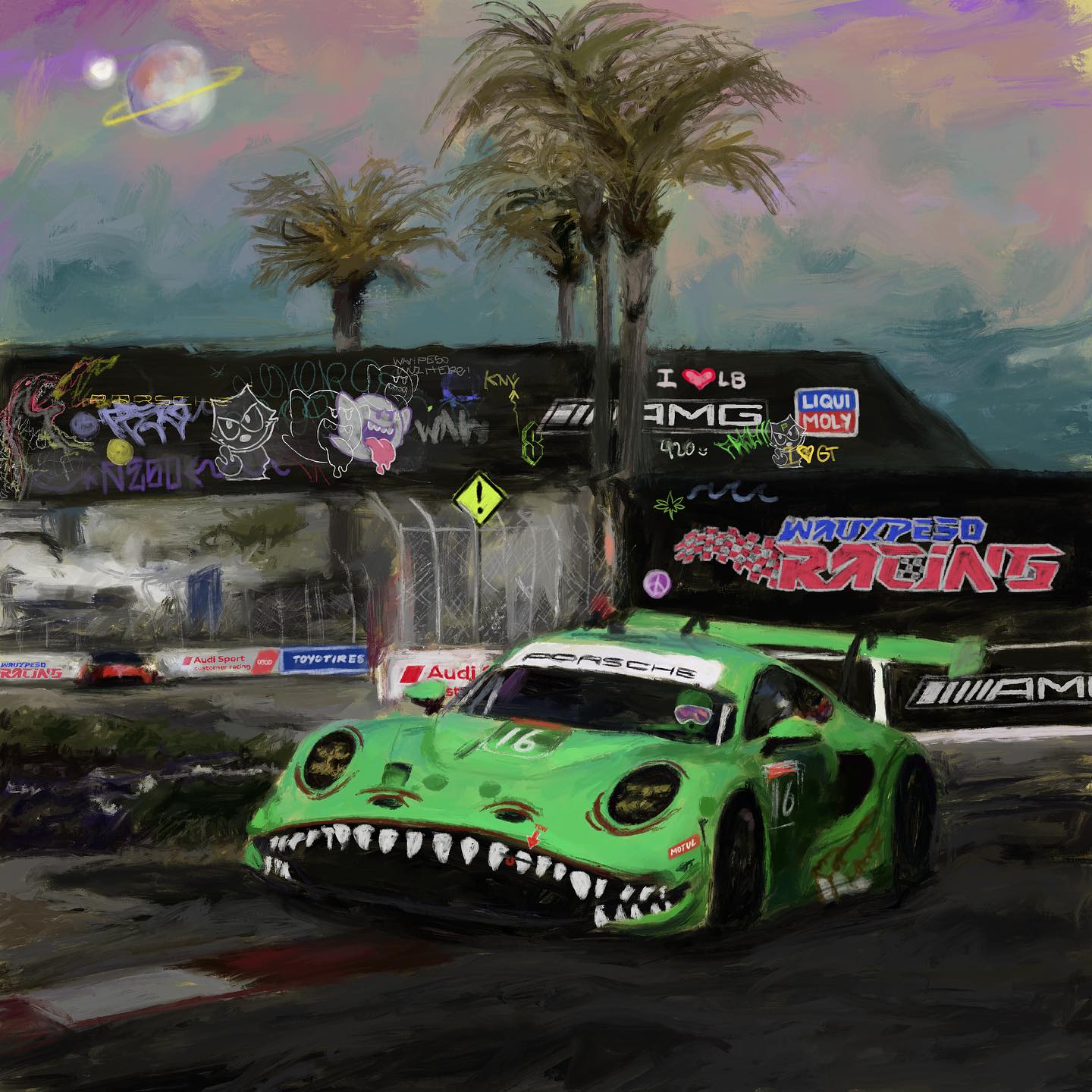 1other :o alien ao_racing audi boo_(mario) car cloud cool_s driving faux_traditional_media godzilla godzilla_(series) goggles graffiti grand_prix_of_long_beach highres imsa_sportscar_championship kellymoss_racing logo mario_(series) mercedes-benz moon motor_vehicle motul_(company) open_mouth painterly palm_tree planet porsche_911 porsche_992 race_vehicle racecar real_world_location rexy_(ao_racing) road_sign sign sky spoiler_(automobile) sponsor tree vehicle_focus wavypeso