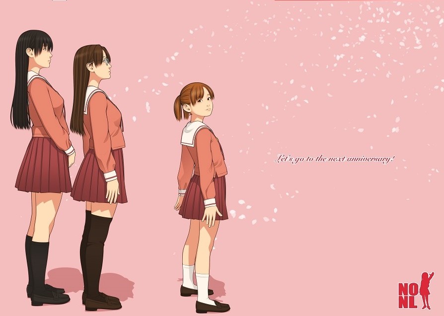 3girls arms_at_sides azumanga_daioh azumanga_daioh's_school_uniform black_footwear black_hair black_socks black_thighhighs brown_footwear brown_hair english_commentary expressionless falling_petals from_side glasses guest_art height_difference kneehighs loafers long_hair long_sleeves looking_ahead looking_to_the_side mihama_chiyo mizuhara_koyomi multiple_girls neck_ribbon orange_hair parted_bangs petals pink_background pink_ribbon pink_serafuku pink_shirt pink_skirt pleated_skirt profile realistic ribbon sailor_collar sakaki_(azumanga_daioh) school_uniform second-party_source serafuku shadow shinchou_ni_kansuru_kousatsu shirt shoes short_hair short_twintails simple_background skirt socks thighhighs twintails white_sailor_collar white_socks zettai_ryouiki