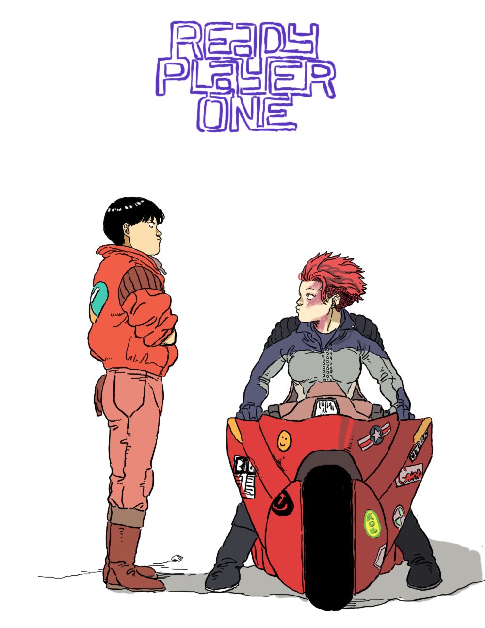 1boy 1girl akira art3mis black_hair breasts crossover highres jacket kaneda_shoutarou's_bike kaneda_shoutarou_(akira) motor_vehicle motorcycle pants ready_player_one red_hair red_jacket red_pants simple_background tora0820 white_background
