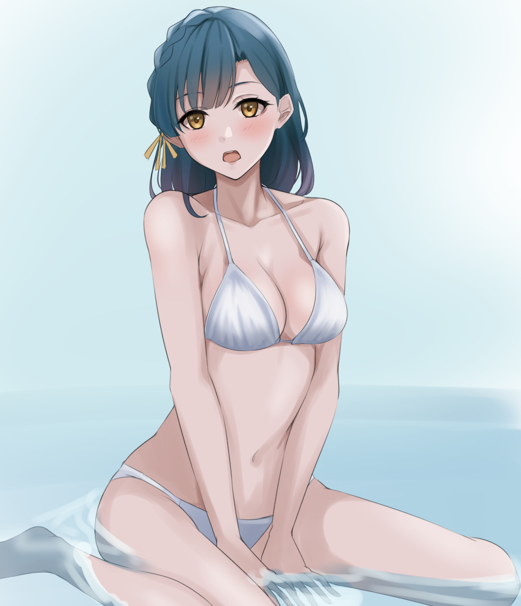 1girl bare_shoulders barefoot between_legs bikini blue_background blue_hair blush bow braid breasts cleavage collarbone dot_nose gradient_background hair_bow hair_ribbon hand_between_legs idolmaster idolmaster_million_live! idolmaster_million_live!_theater_days looking_at_viewer medium_breasts nanao_yuriko navel open_mouth ribbon short_hair sitting solo swimsuit wading wariza water white_bikini yellow_eyes yellow_ribbon yuzuyu_(hyui)