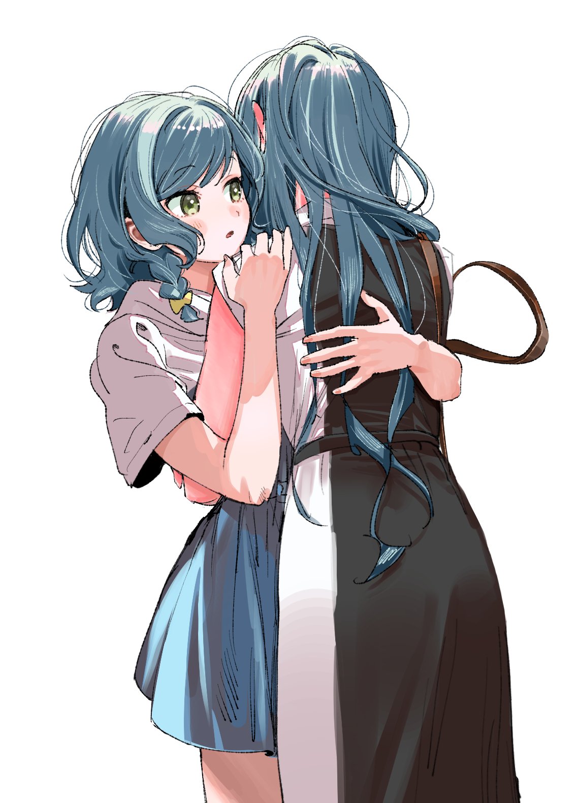 2girls aqua_hair bang_dream! black_dress blue_skirt braid dress green_eyes highres hikawa_hina hikawa_sayo hug long_hair looking_at_another medium_hair multiple_girls shirt short_sleeves siblings sisters skirt twins two-tone_dress white_background white_dress white_shirt zihacheol