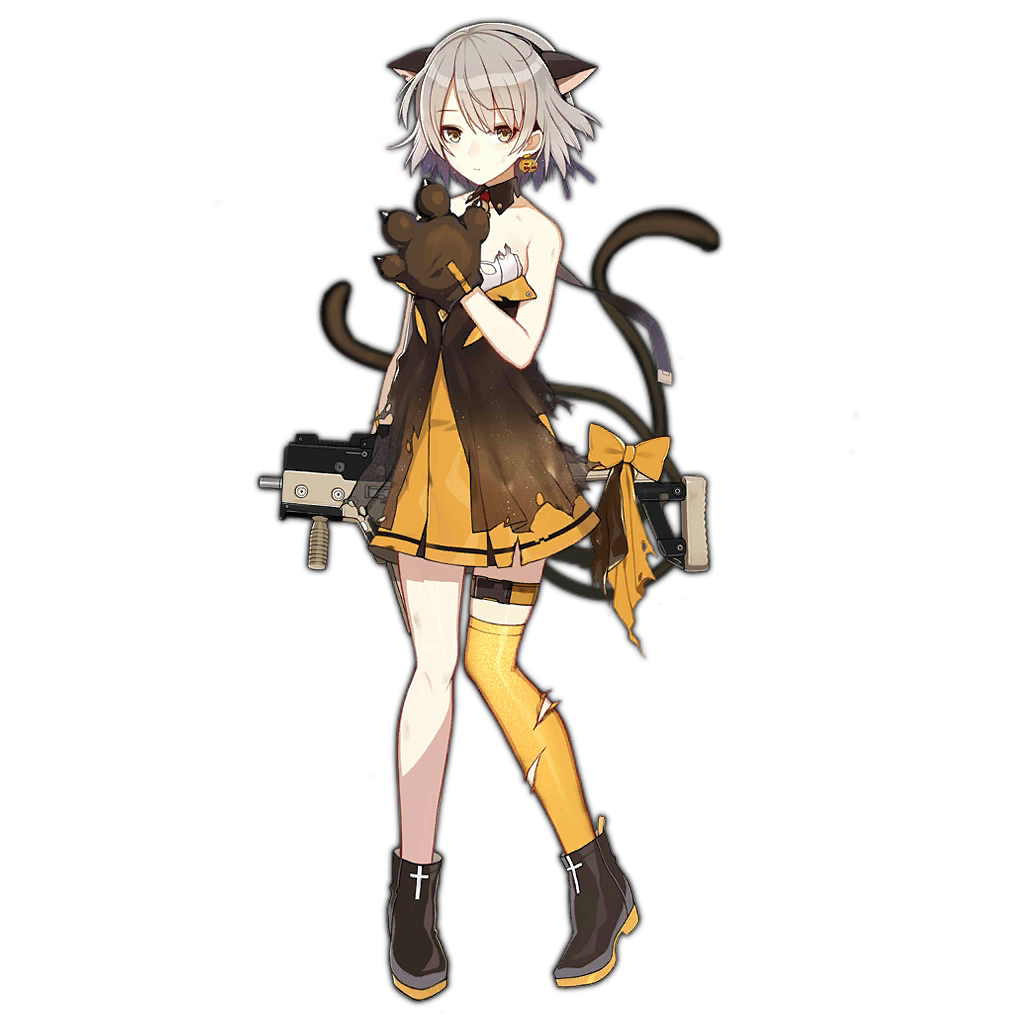 1girl animal_ears animal_hands arm_up bare_shoulders bat_(animal) black_dress black_footwear black_tail boots breasts cat_ears cat_paws cat_tail claws colored_shoe_soles covering covering_chest cross detached_collar dress earrings expressionless full_body girls'_frontline gloves grey_hair gun jack-o'-lantern jack-o'-lantern_earrings jewelry kriss_vector layered_dress looking_at_viewer medium_breasts multiple_tails official_alternate_costume official_art orange_dress orange_ribbon orange_thighhighs paw_gloves ribbon sa_(h28085) see-through see-through_dress short_hair simple_background single_thighhigh snap-fit_buckle solo submachine_gun tail thigh_strap thighhighs torn_clothes torn_dress torn_ribbon torn_thighhighs transparent_background vector_(girls'_frontline) vector_(kitty_paws)_(girls'_frontline) weapon weapon_behind_back yellow_eyes