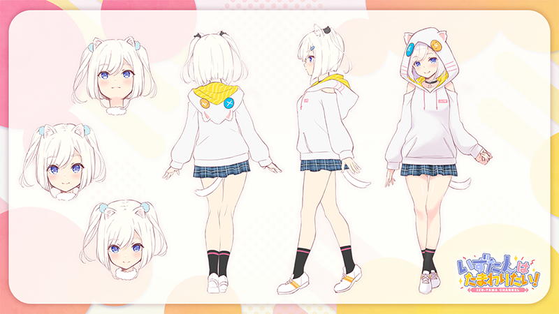 animal_ears black_choker black_socks blue_eyes choker etotama ferret ferret_ears ferret_girl ferret_symbol ferret_tail hair_ornament hair_tie hairclip hood hoodie izu-tan izutan1127 long_sleeves multiple_angles neckerchief pleated_skirt shoes short_hair skirt smile sneakers socks solo sweater virtual_youtuber white_background white_hair white_hoodie white_sweater